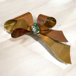Rare Vintage 1940s Bow Shaped Brooch by Taylord 12K Gold Filled and Rhinestoes